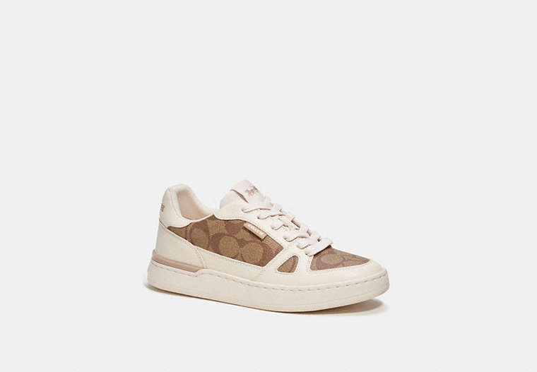 COACH®,CLIP COURT LOW TOP SNEAKER IN SIGNATURE CANVAS,Mixed Materials,Khaki/Chalk,Front View