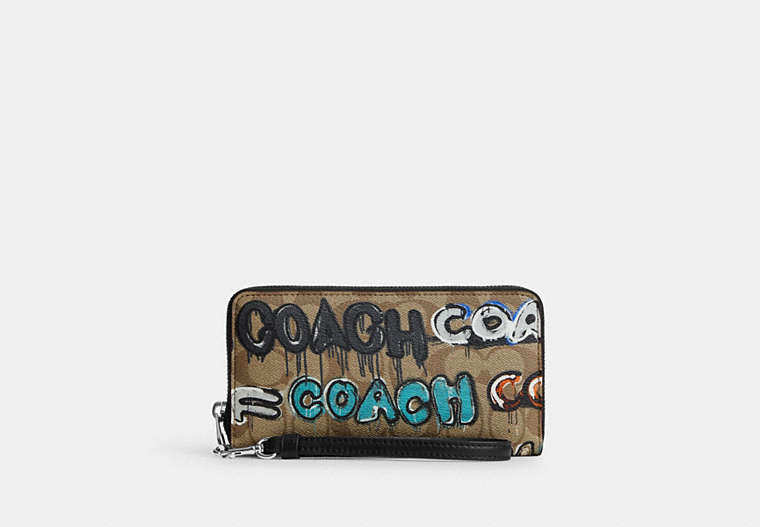 COACH®,COACH X MINT + SERF LONG ZIP AROUND WALLET IN SIGNATURE CANVAS,Signature Coated Canvas,Silver/Khaki Multi,Front View