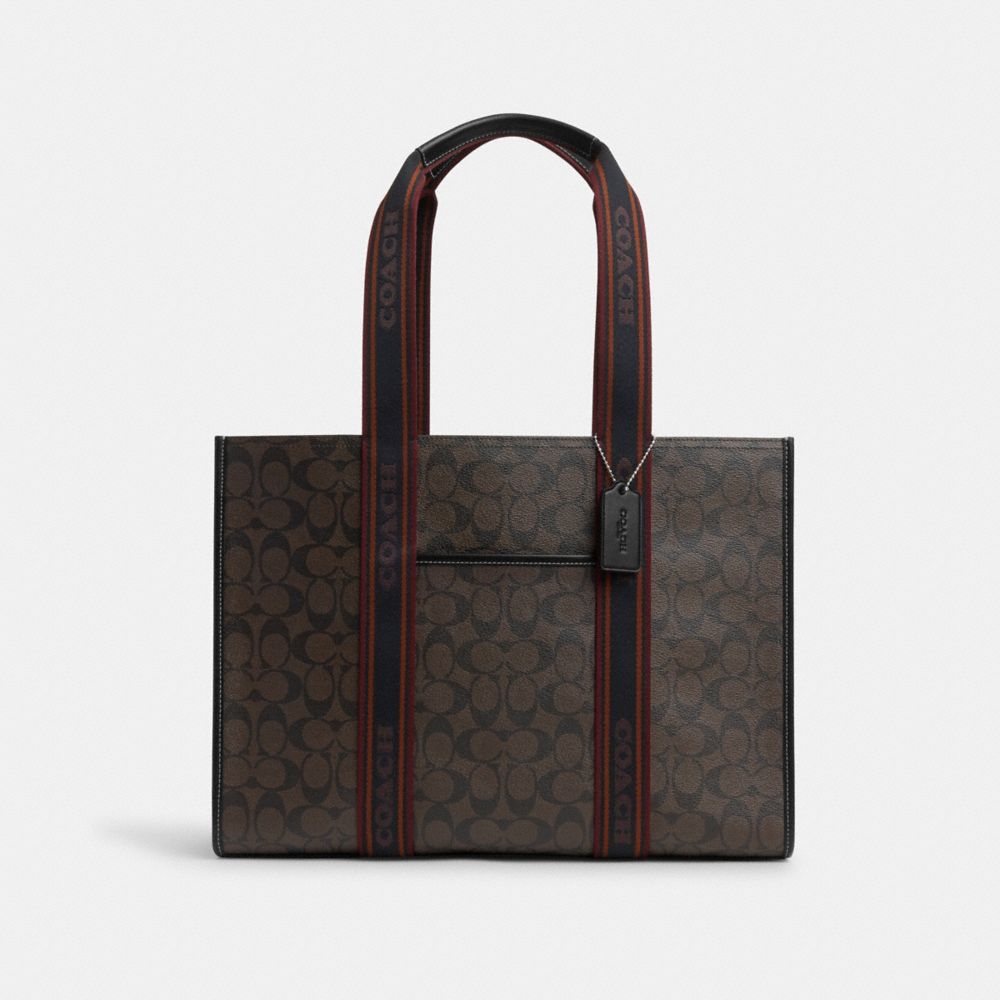 COACH®,Large Smith Tote Bag In Signature Canvas,Canvas,Leather,Tote,Logo,Stripe,Gusset,Silver Metal,Work,Brown,Front View