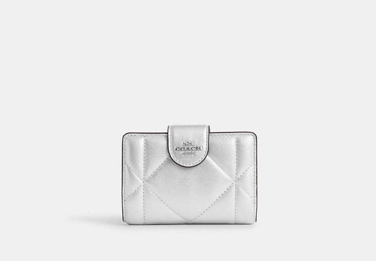 COACH®,MEDIUM CORNER ZIP WALLET WITH PUFFY DIAMOND QUILTING,Leather,Silver/Metallic Silver,Front View