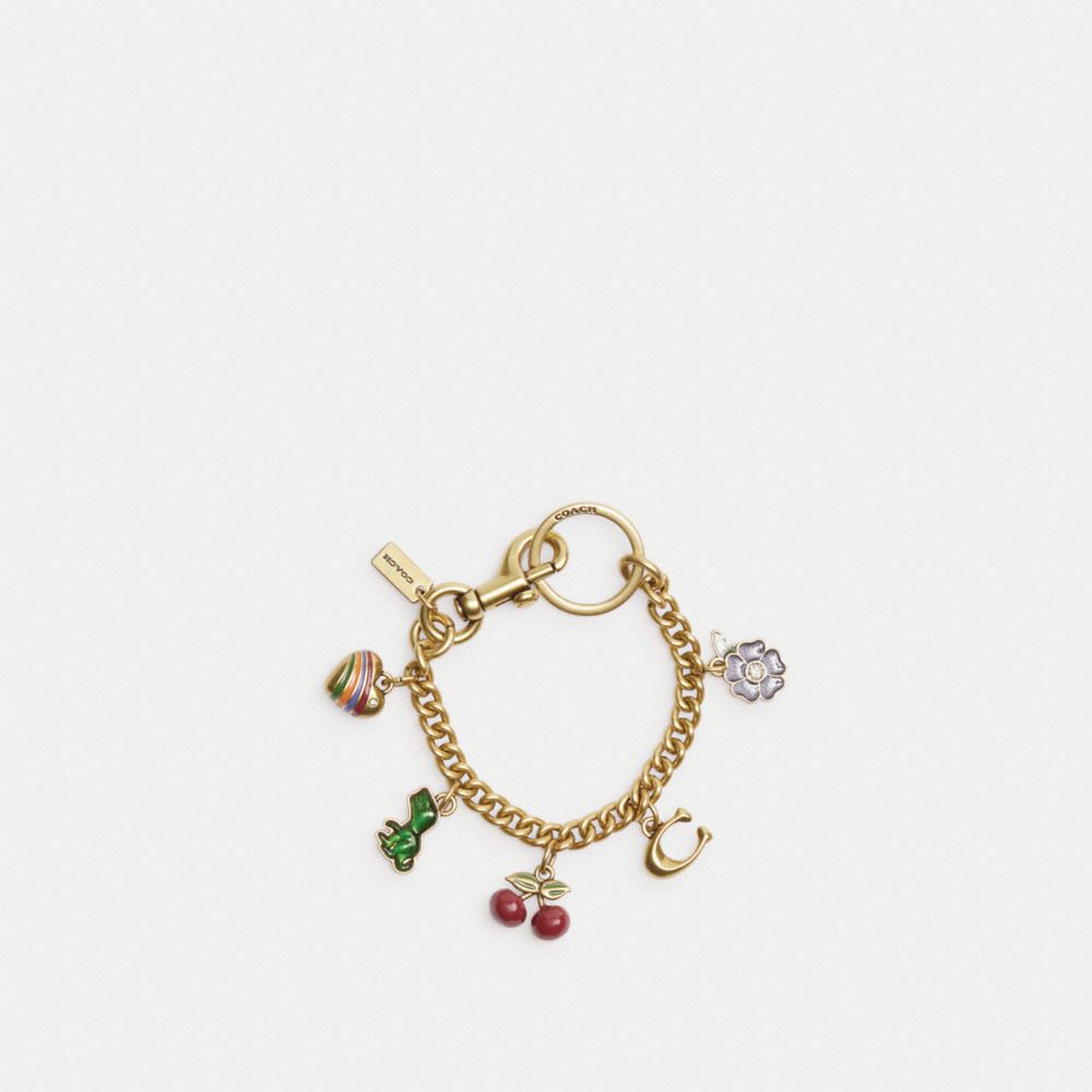 COACH®,Motif Chain Bag Charm,Bag Charm,Floral Embellishment,Heart Embellishment,Logo,Rhinestones,Brass,Casual,Multi Color,Angle View