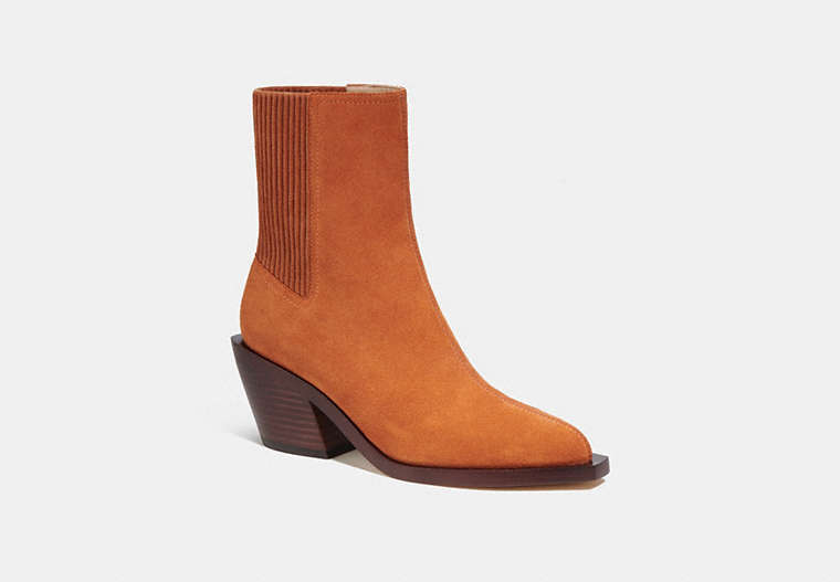 COACH®,PRESTYN BOOTIE,Suede,Burnished Amber,Front View