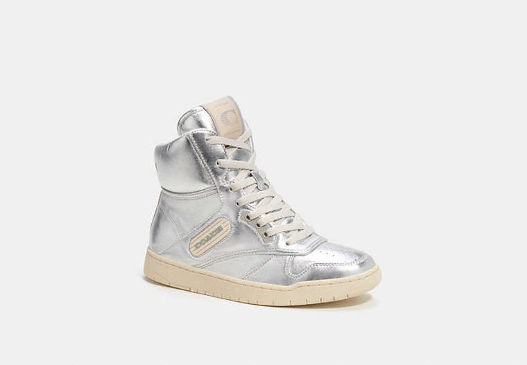 COACH®,C202 HIGH TOP SNEAKER,Leather,Shine,Metallic Silver,Front View