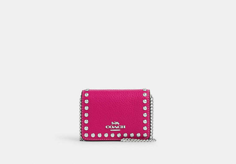 COACH®,MINI WALLET ON A CHAIN WITH RIVETS,Mixed Material,Silver/Cerise,Front View