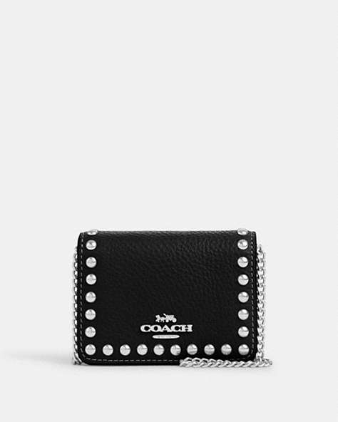 COACH®,MINI WALLET ON A CHAIN WITH RIVETS,Mixed Material,Silver/Black,Front View