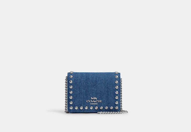 COACH®,MINI WALLET ON A CHAIN WITH RIVETS,Denim,Silver/Denim,Front View