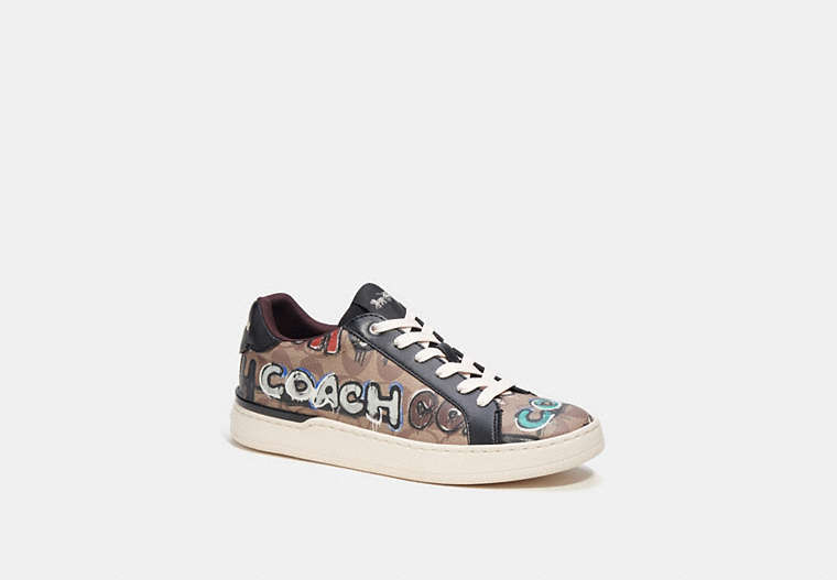 COACH®,COACH X MINT + SERF CLIP LOW TOP SNEAKER IN SIGNATURE CANVAS,Signature Coated Canvas,Black Multi/Black,Front View