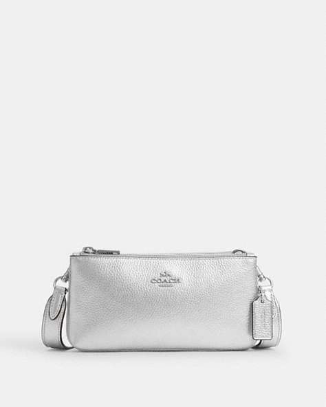 COACH®,DOUBLE ZIP CROSSBODY,Mixed Material,Silver/Metallic Silver,Front View