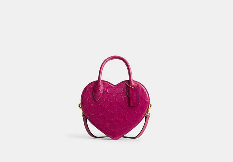 COACH®,HEART BAG IN SIGNATURE LEATHER,Small,Runway,Brass/Magenta,Front View