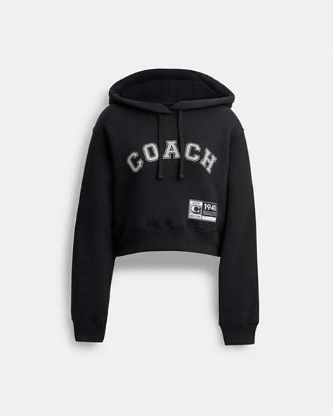 COACH®,EMBELLISHED VARSITY CROPPED HOODIE,Cotton/Polyester,Runway,Black,Front View