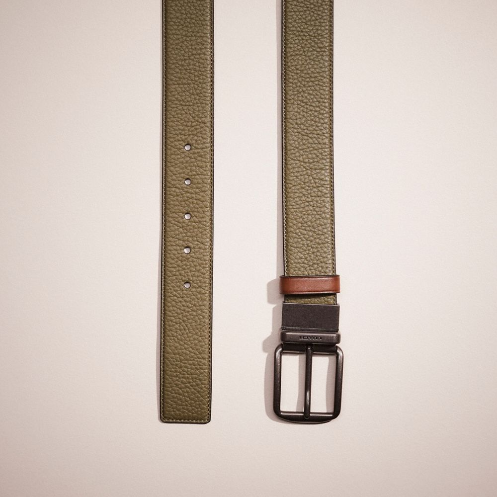 Coach Restored Harness Buckle Cut To Size Reversible Belt, 38mm In Army Green/saddle