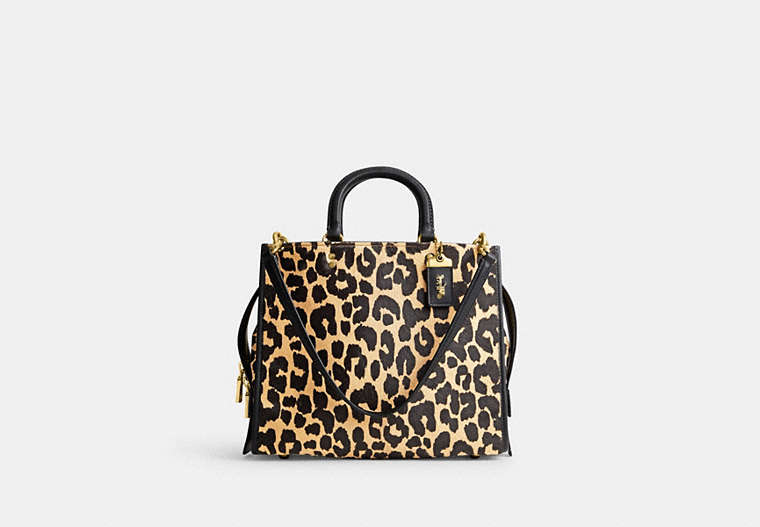 COACH®,ROGUE IN HAIRCALF WITH LEOPARD PRINT,Haircalf Leather,Large,Animal Print,Brass/Leopard,Front View
