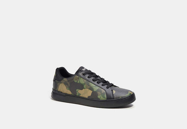 COACH®,CLIP LOW TOP SNEAKER IN SIGNATURE CANVAS WITH CAMO PRINT,Mixed Materials,Gunmetal/Green Multi,Front View