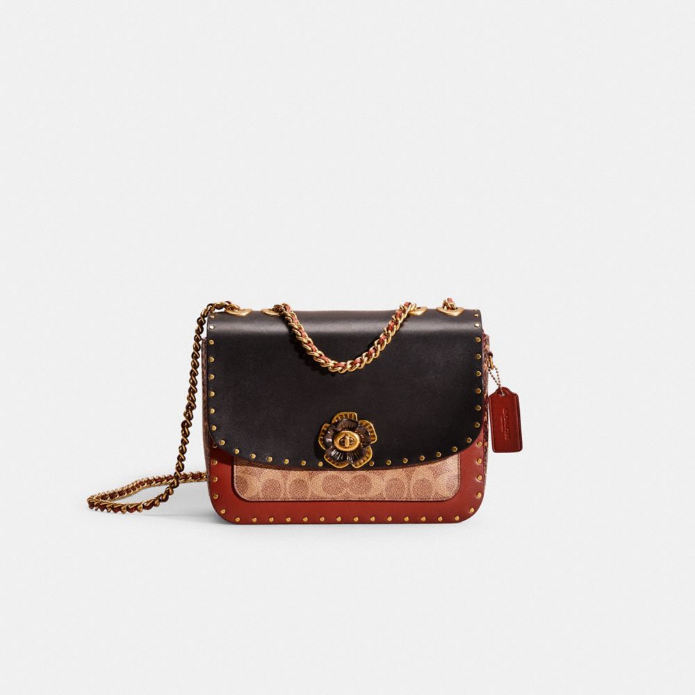 Coach Restored Madison Shoulder Bag In Signature Canvas With Rivets And Snakeskin Detail In Brass/tan/rust