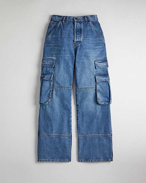 COACH®,Denim Cargo Pant in 31% Recycled Cotton,Denim,Front View