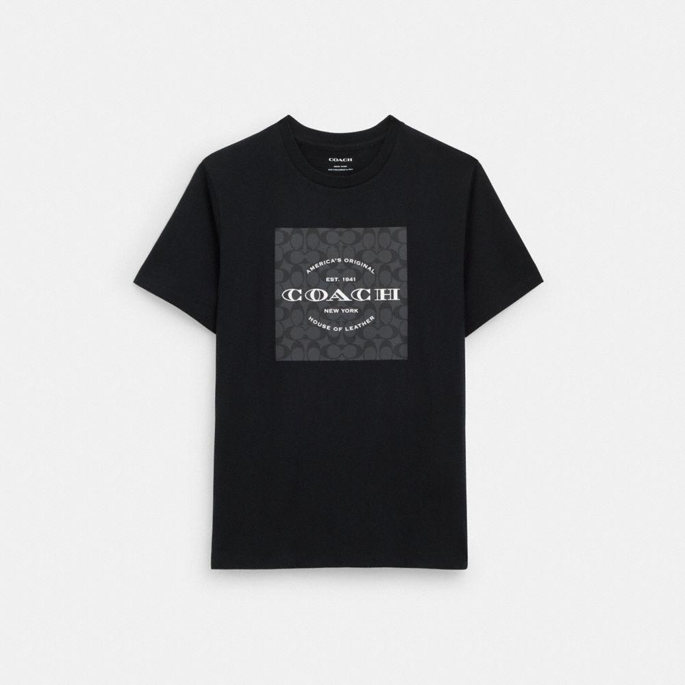 COACH®,Signature Square T-Shirt In Organic Cotton,Organic Cotton,T Shirt,Color Block,Logo,Word Embellishment,Casual,Black,Front View