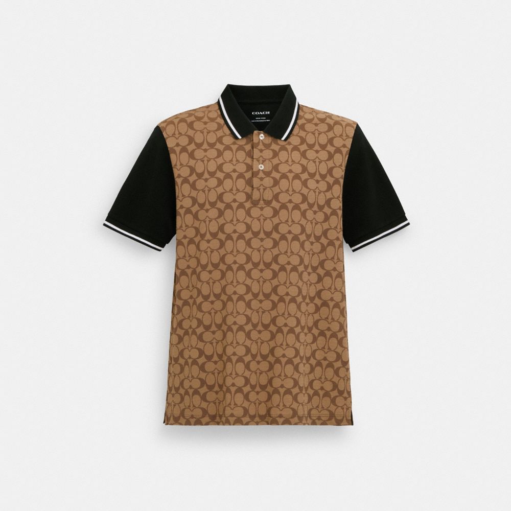 COACH®,Signature Polo,Cotton,Polo Shirt,Logo,Color Block,Piping,Casual,Brown,Front View