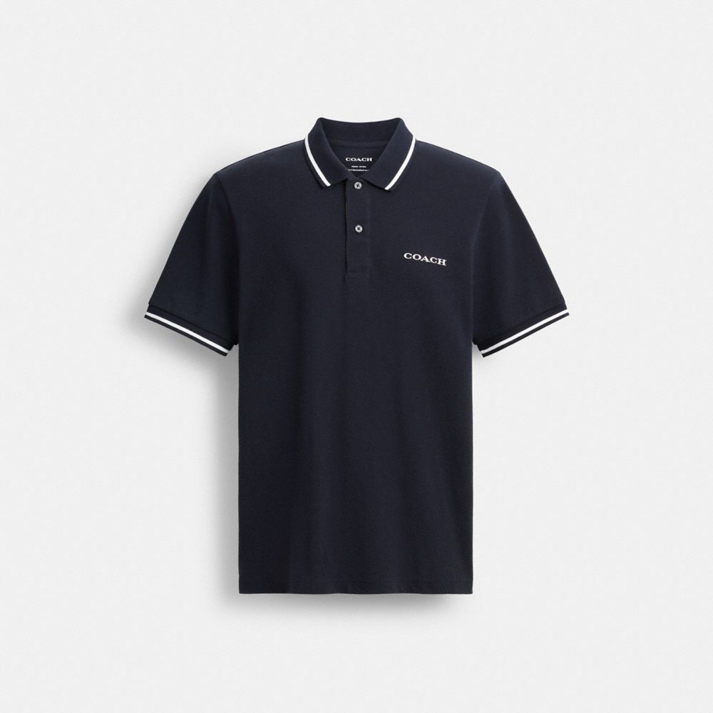 COACH®,Signature Trim Polo,Cotton,Polo Shirt,Logo,Piping,Casual,Navy,Front View