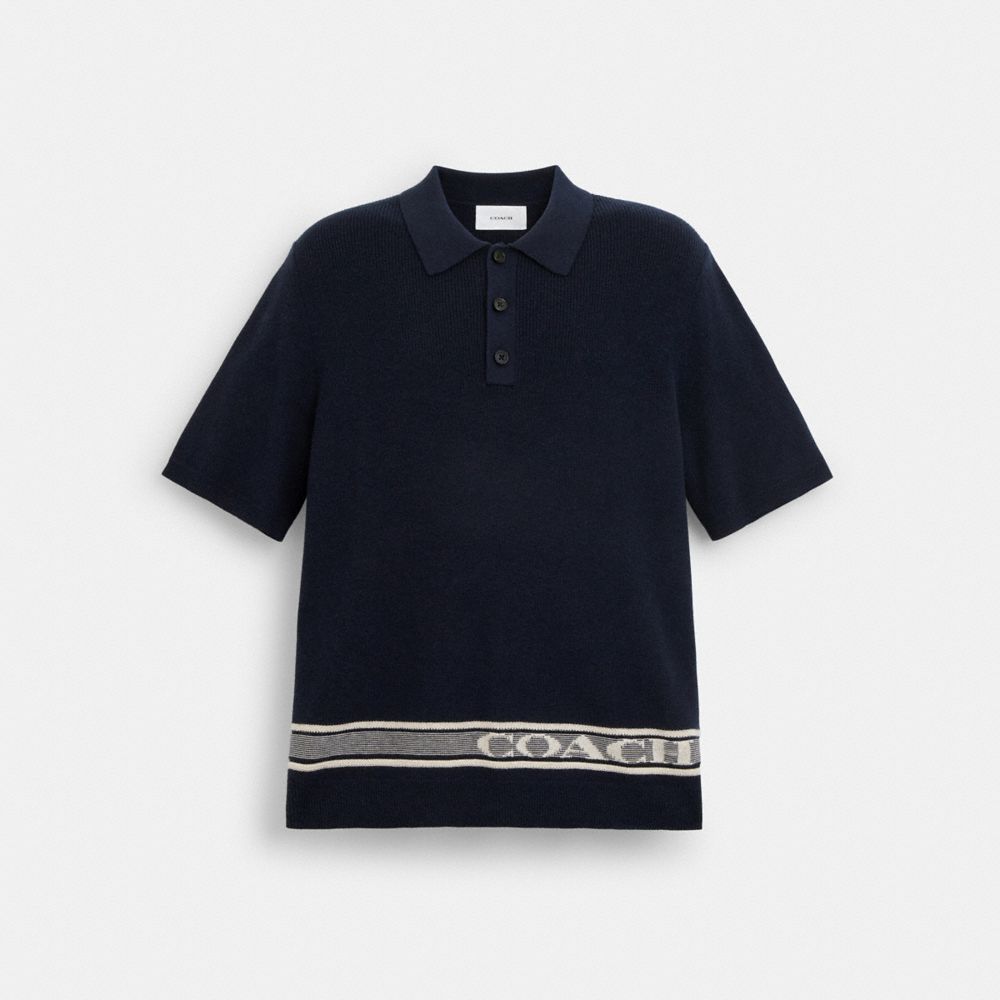 COACH®,Knit Polo,Cotton,Polo Shirt,Stripe,Casual,Navy,Front View