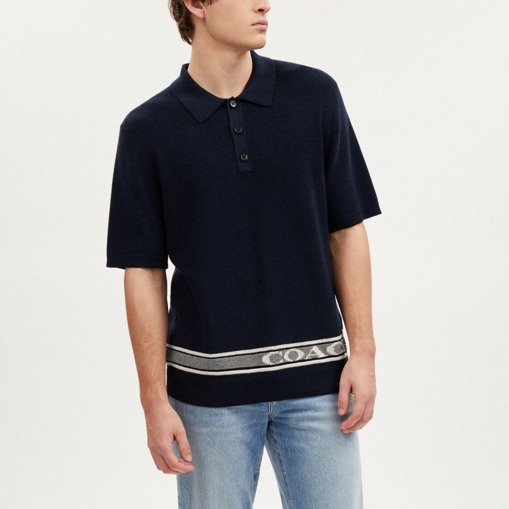 COACH®,Knit Polo,Cotton,Polo Shirt,Stripe,Casual,Navy,Scale View