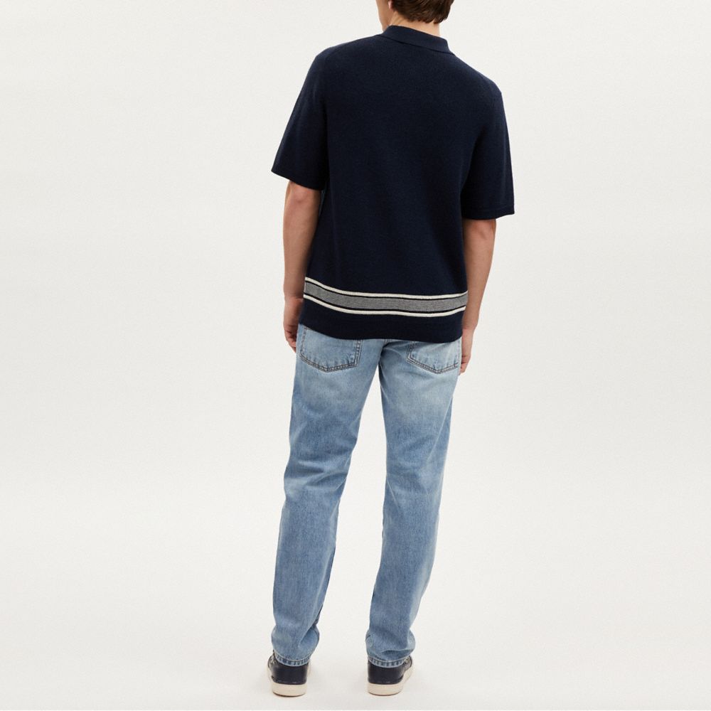 COACH®,Knit Polo,Cotton,Polo Shirt,Stripe,Casual,Navy,Scale View