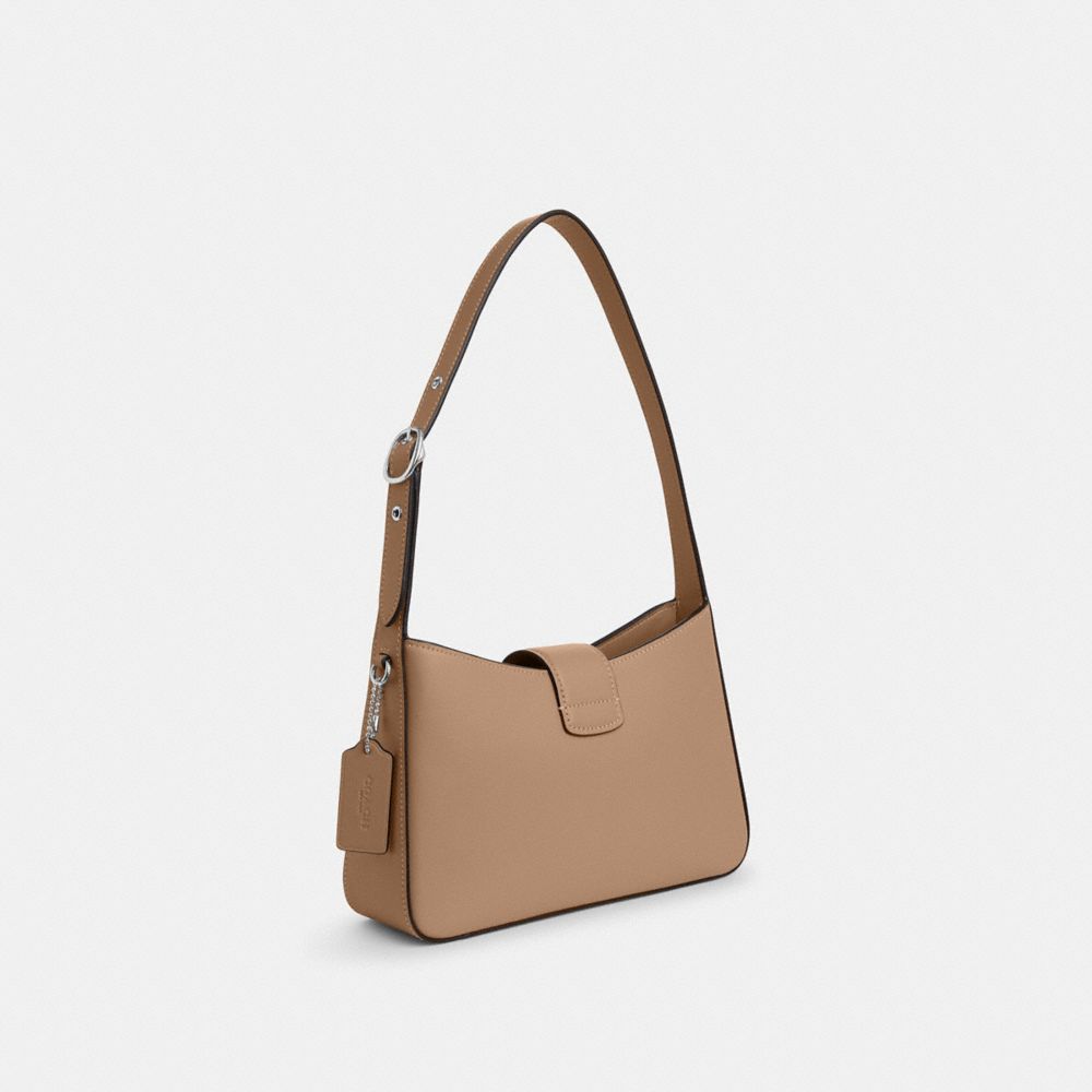 COACH®,Eliza Shoulder Bag,Calfskin Leather,Hobo,Logo,Gold Metal,Casual,Beige,Angle View