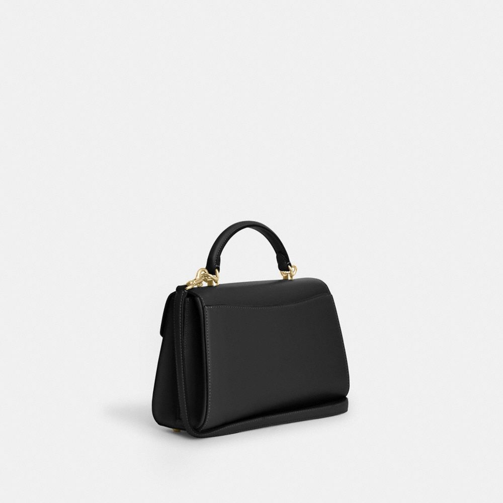 COACH®,Eliza Top Handle,Calfskin Leather,Satchel,Logo,Gusset,Silver Metal,Day Party,Work,Black,Angle View