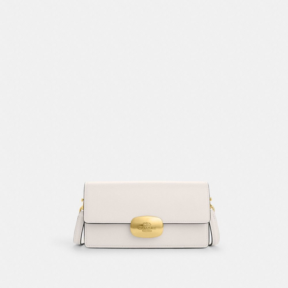 COACH®,Eliza Small Flap Crossbody,Calfskin Leather,Crossbody,Clutch,Logo,Gold Metal,Casual,White,Front View