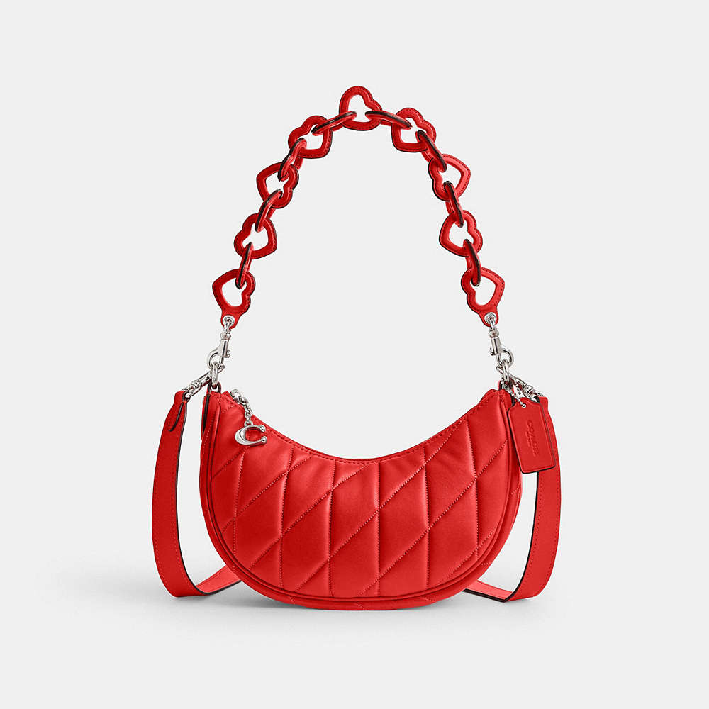 Coach Mira Shoulder Bag With Pillow Quilting And Heart Strap In Silver/sport Red