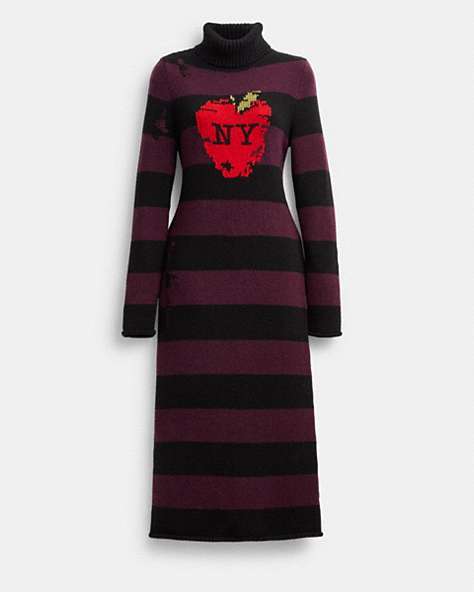 COACH®,NEW YORK APPLE DISTRESSED SWEATER DRESS,wool,Runway,Black,Front View