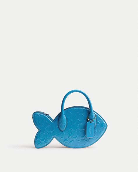 COACH®,FISH BAG IN SIGNATURE LEATHER,Patent Leather,Runway,Brass/Blue,Front View