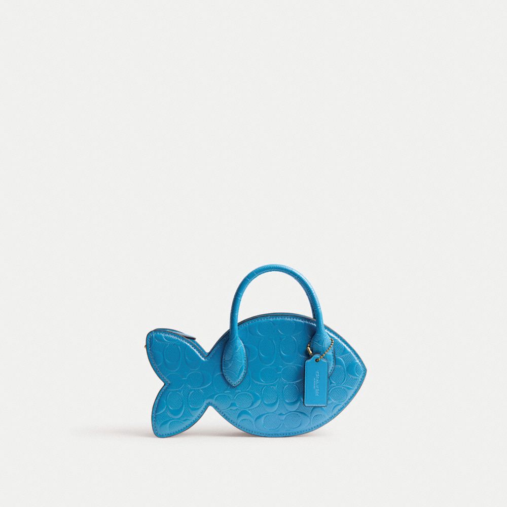Coach Fish Bag In Signature Leather In Brass/blue