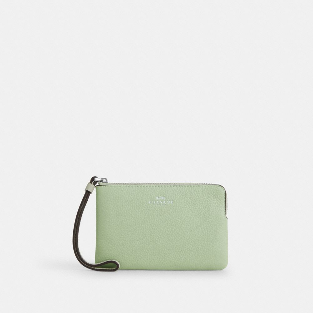 COACH®,Corner Zip Wristlet,Pouch,Wristlet,Silver Metal,Casual,,Front View