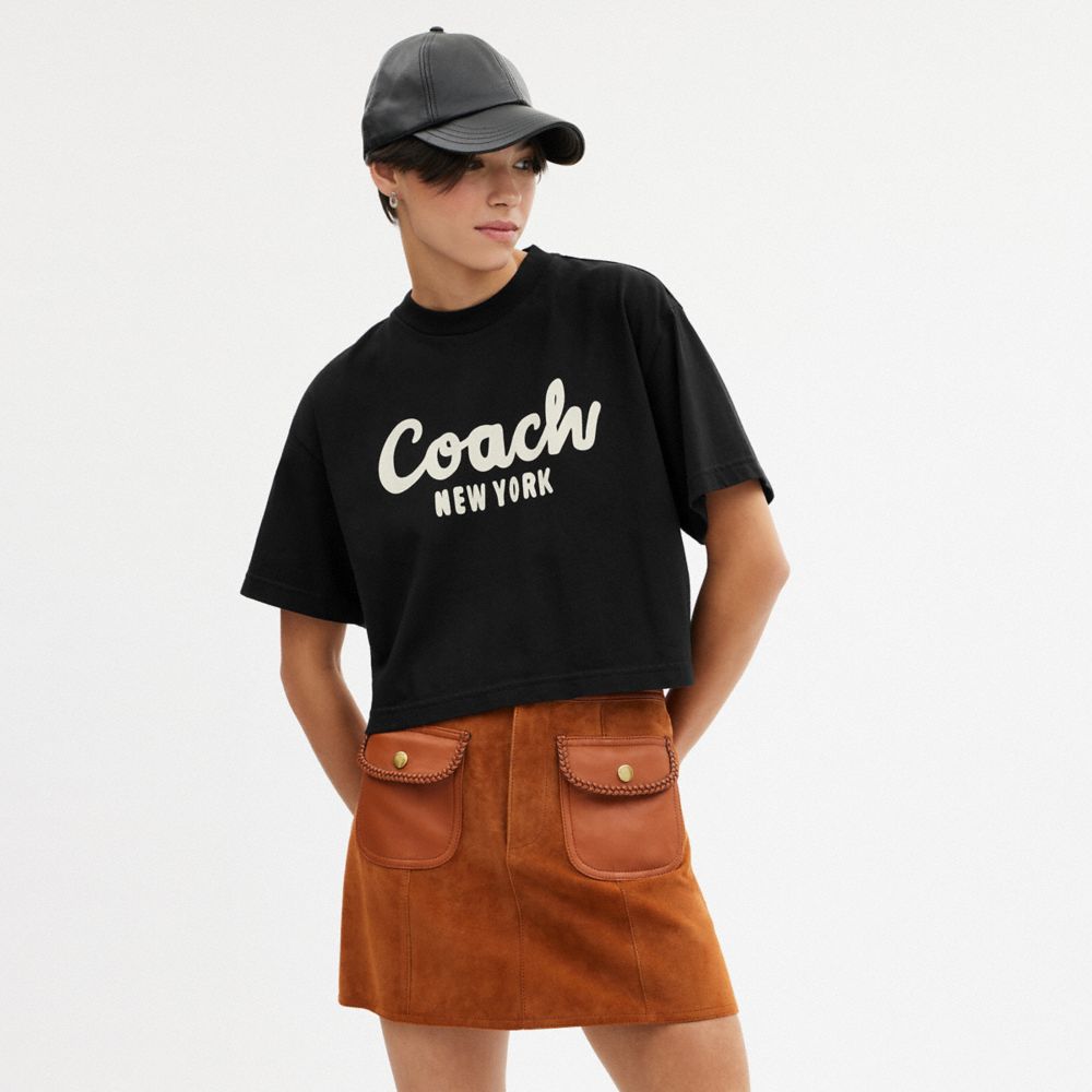 Coach Cursive Signature Cropped T Shirt In Black