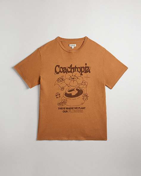 COACH®,Relaxed T-Shirt in 97% Recycled Cotton: Flower Pot,Camel,Front View