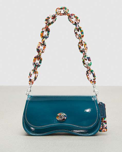 COACH®,Wavy Dinky in Crinkled Patent Coachtopia Leather,Deep Turquoise,Front View