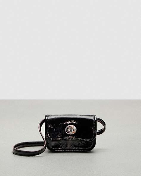 COACH®,Wavy Wallet with Crossbody Strap in Crinkled Patent Coachtopia Leather,Mini,Black,Front View
