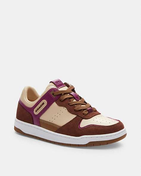COACH®,C201 LOW TOP SNEAKER,Suede,Ivory/Deep Plum,Front View