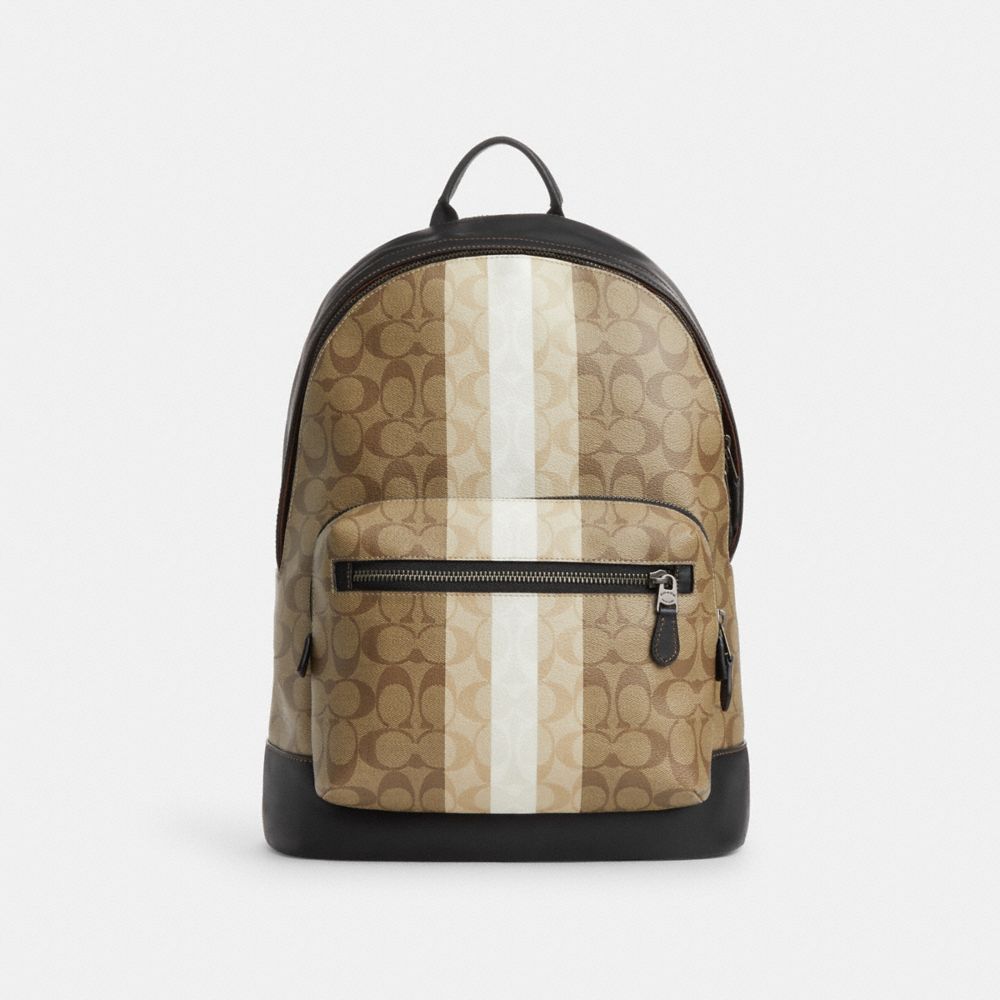 Coach Outlet West Backpack In Blocked Signature Canvas With Varsity Stripe  In Beige | ModeSens