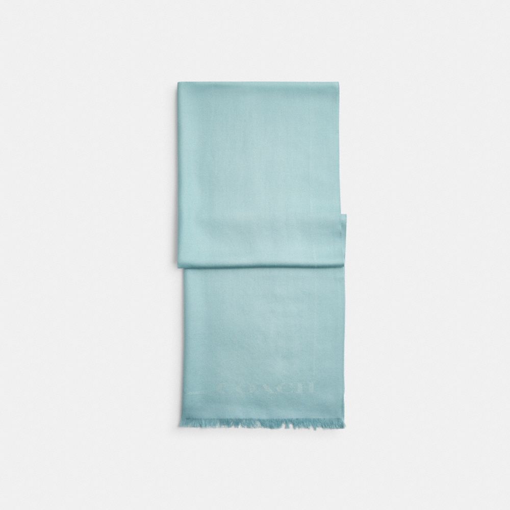 COACH®,Jumbo Horse And Carriage Wrap,Wool,Rectangle,Frayed,Logo,Casual,Blue,Front View