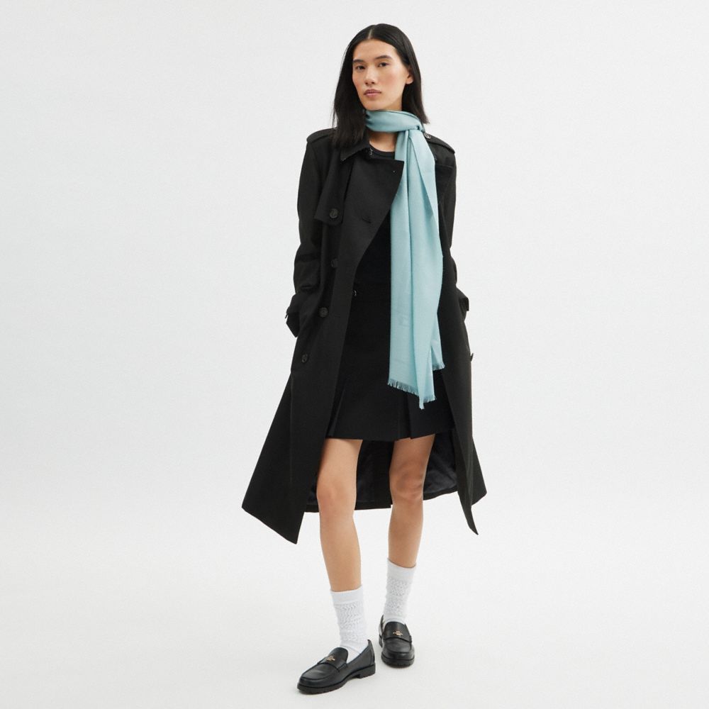 COACH®,Jumbo Horse And Carriage Wrap,Wool,Rectangle,Frayed,Logo,Casual,Blue,Detail View