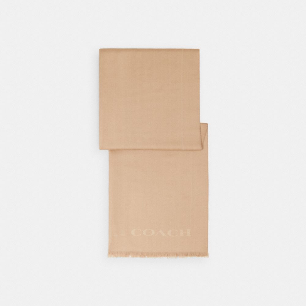 COACH®,Jumbo Horse And Carriage Wrap,Wool,Rectangle,Frayed,Logo,Casual,Beige,Front View