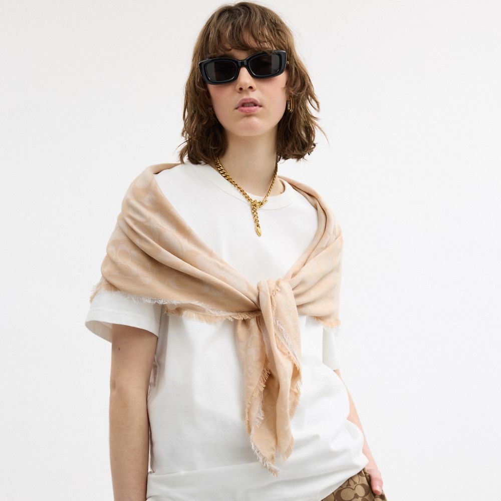 COACH®,Jumbo Horse And Carriage Wrap,Wool,Rectangle,Frayed,Logo,Casual,Beige,Detail View