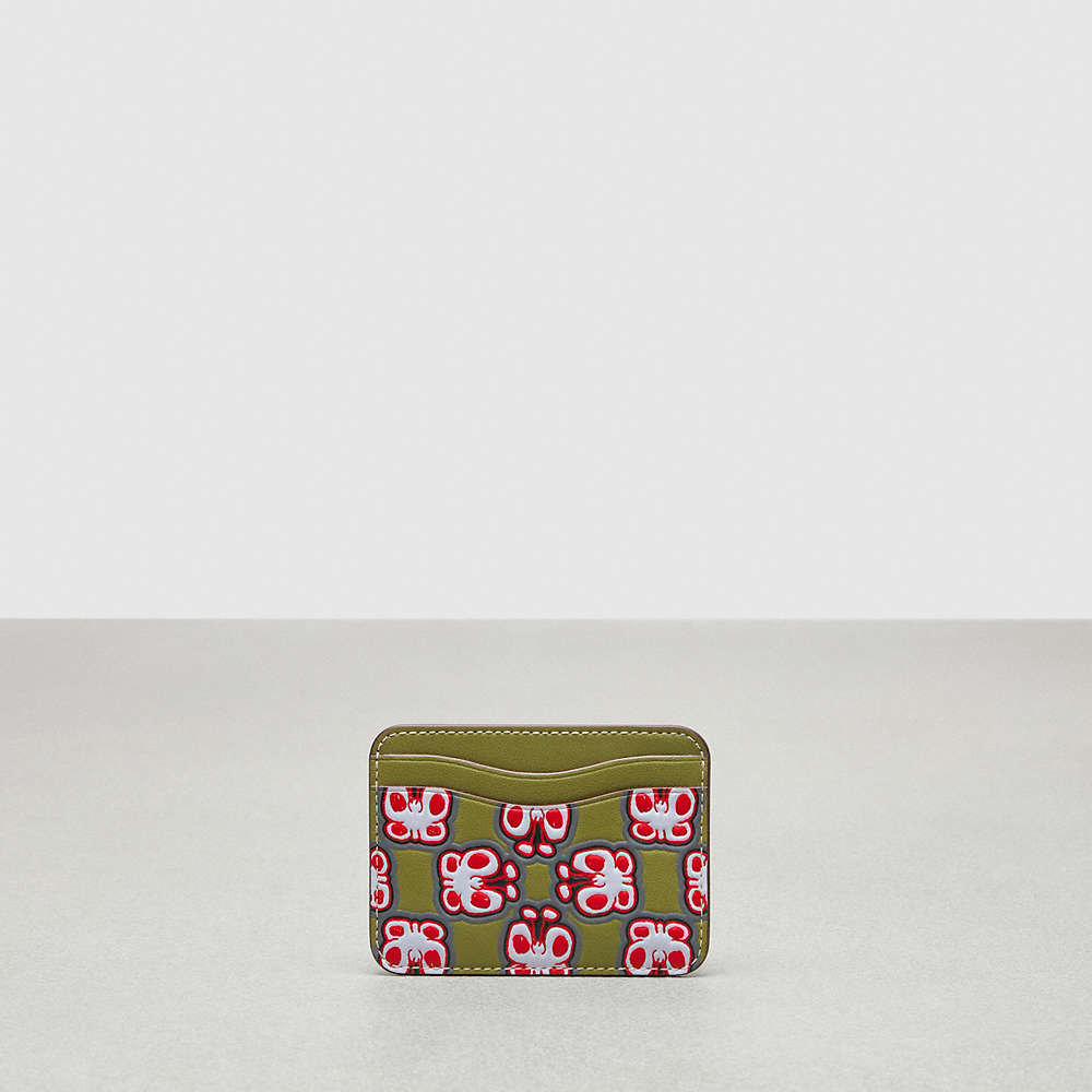 Coach Wavy Card Case In Topia Leather With Butterfly Print In Olive Green Multi