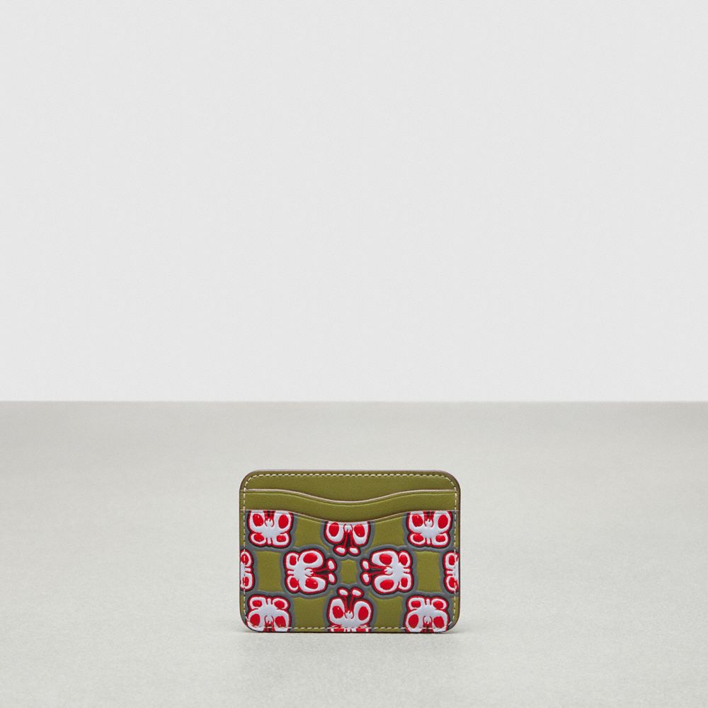 Coach Wavy Card Case In Topia Leather With Butterfly Print In Olive Green Multi