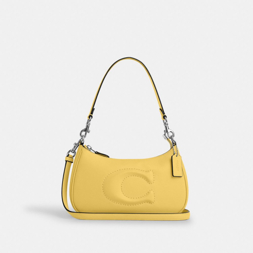 COACH®,Teri Shoulder Bag,Calf Hair,Leather,Shoulder Bag,Logo,Embossed,Silver Metal,Casual,Yellow,Front View