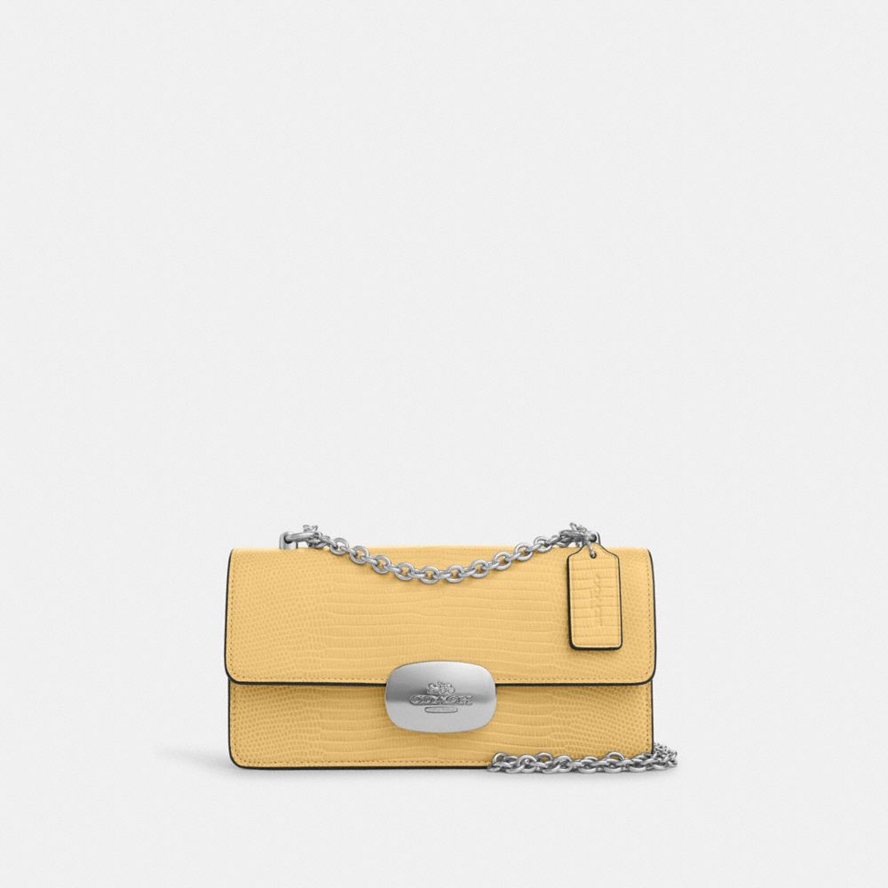 COACH®,Eliza Flap Crossbody Bag,Leather,Crossbody,Logo,Metal,Silver Metal,Day Party,Yellow,Front View