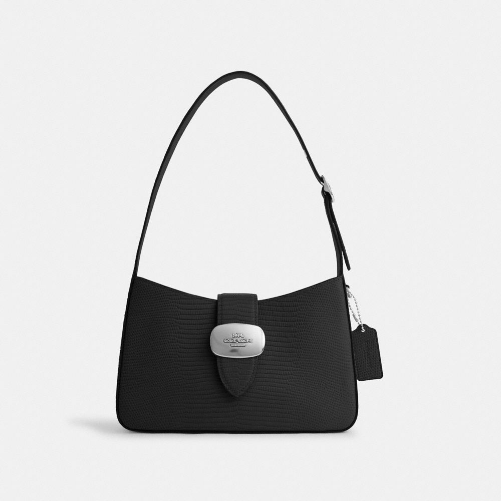 COACH®,Eliza Shoulder Bag,Leather,Shoulder Bag,Metal,Logo,Silver Metal,Day Party,Black,Front View