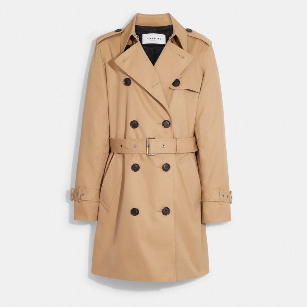 COACH®,Solid Mid Trench,Organic Cotton,Recycled Polyester,Viscose,Polyester,Trench,Button,Work,Beige,Front View