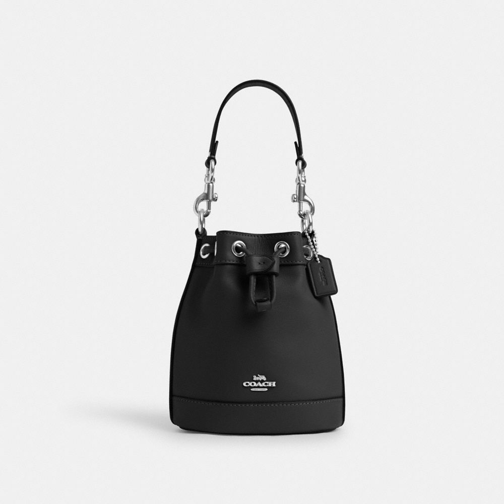 COACH®,Mini Bucket Bag,Leather,Bucket,Logo,Silver Metal,Casual,Black,Front View